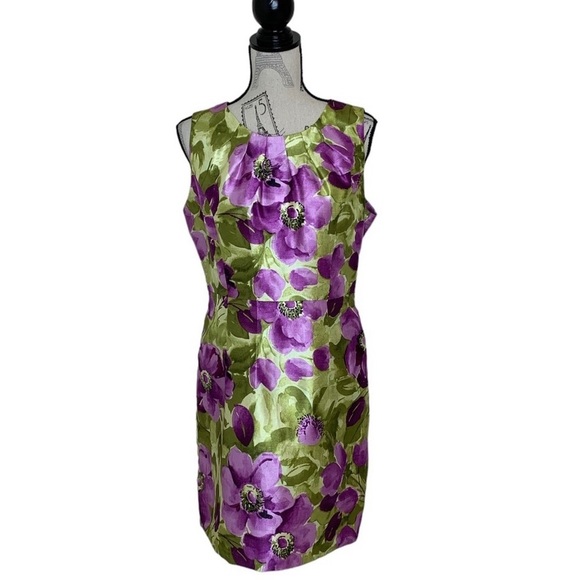 GILANI Dress Party Elegant S/L Floral Purples Greens Zip Exc Conditon Sz 14 - Picture 1 of 12